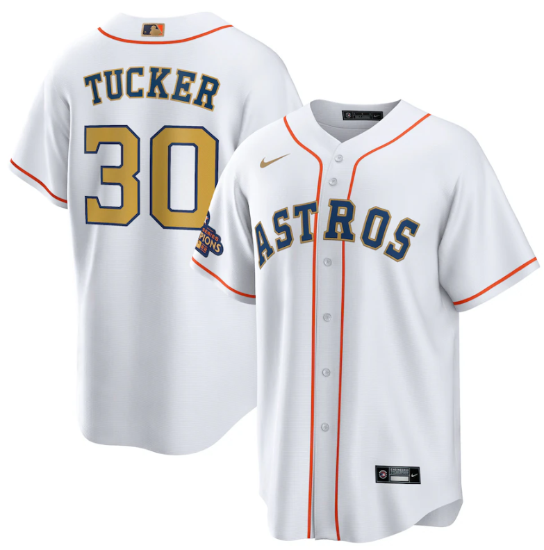 Youth Houston Astros #30 Kyle Tucker White 2023 Gold Collection With World Serise Champions Patch Stitched Baseball Jersey Youth Houston Astros #30 Kyle Tucker White 2023 Gold Collection With World Serise Champions Patch Stitched Baseball Jersey